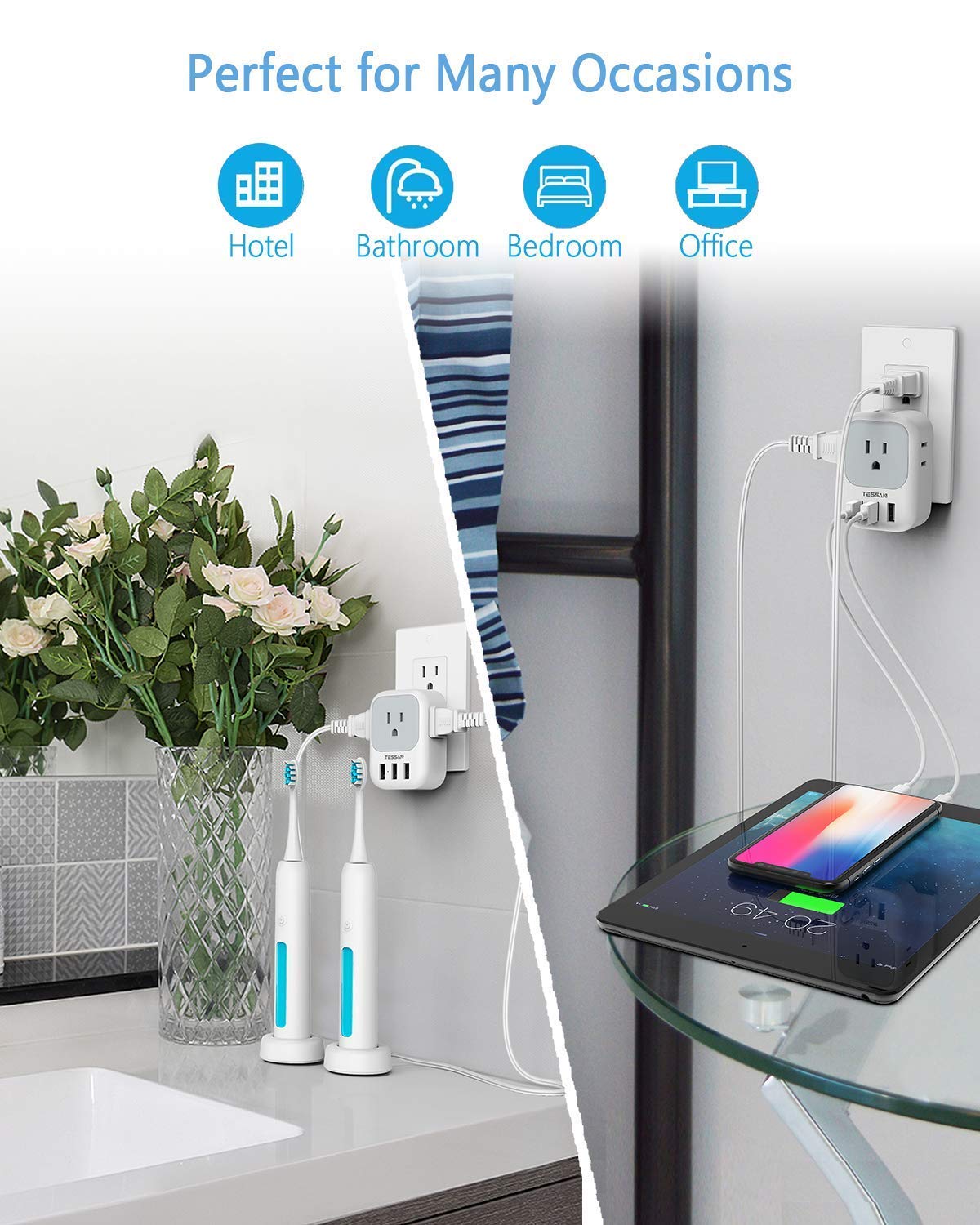 TESSAN dual-pack outlet extender adds eight extra outlets.