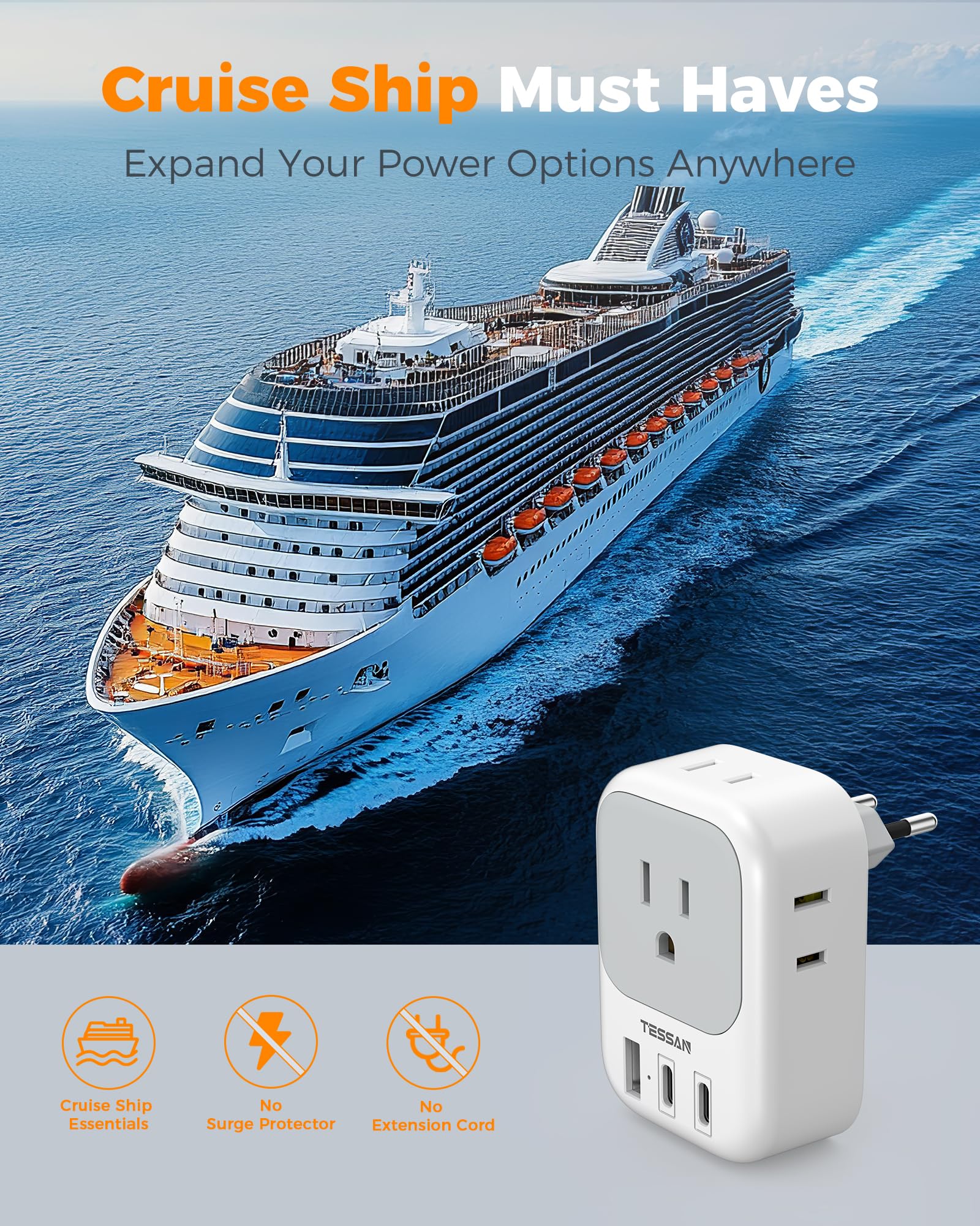 TESSAN EU travel adapter cruise-ship-ready image showcases compact travel charging on board.