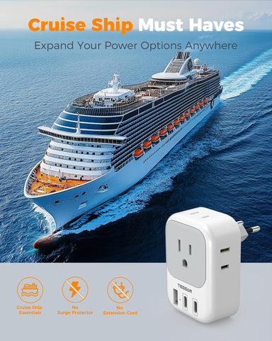TESSAN EU travel adapter cruise-ship-ready image showcases compact travel charging on board.