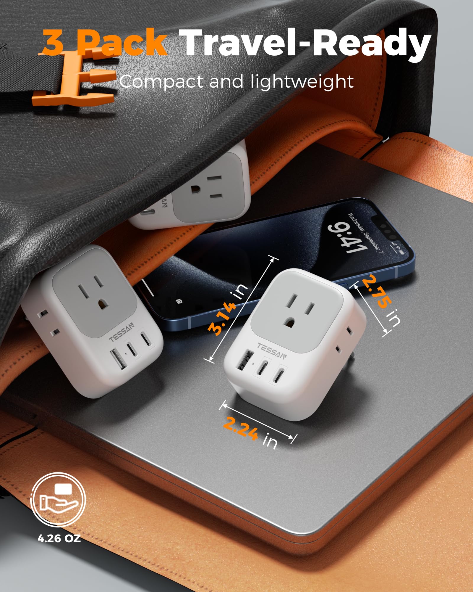 TESSAN EU adapter four-sided design image enables easy access for larger adapters.