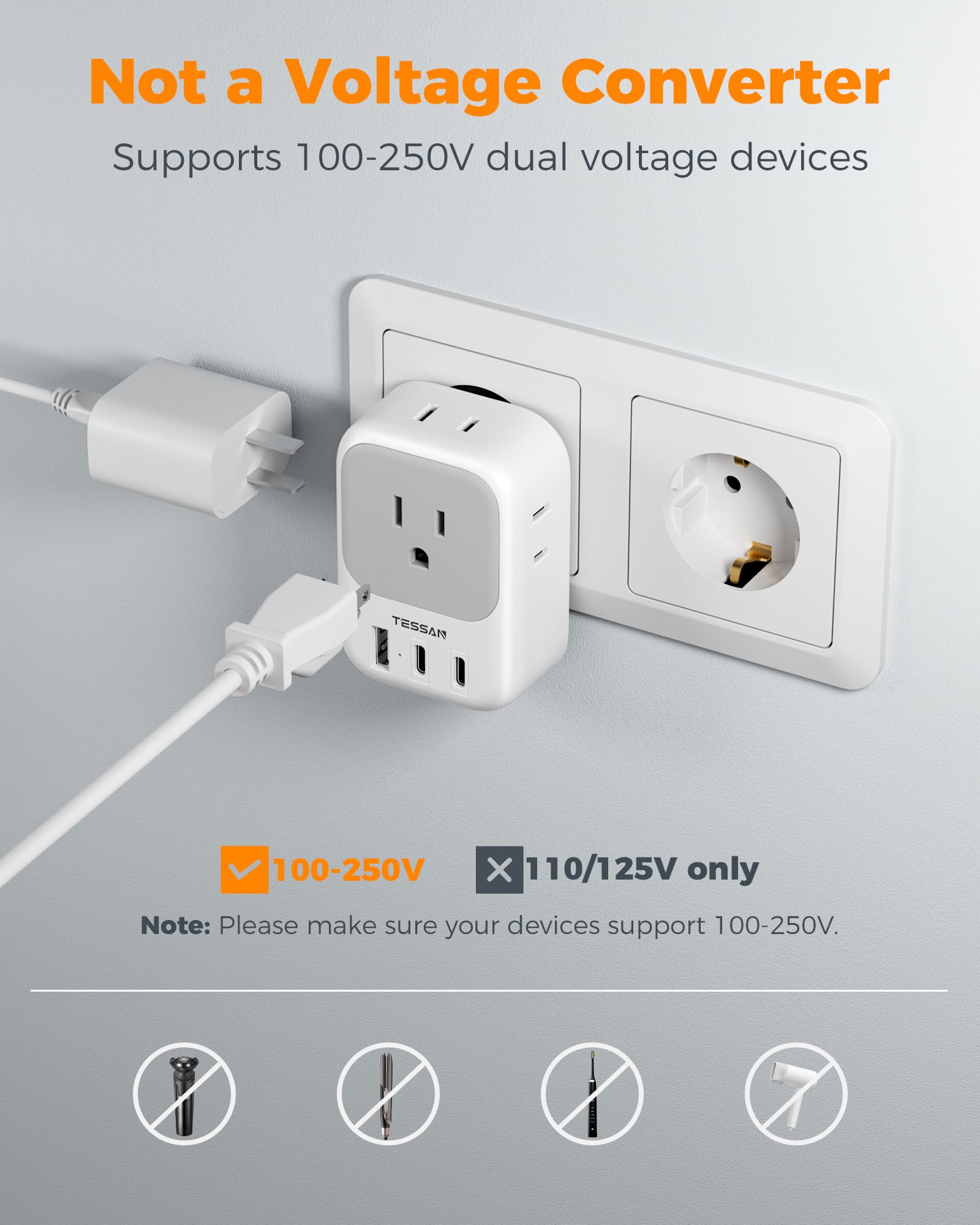 TESSAN EU travel adapter in-use image demonstrates charging at hotel or apartment.