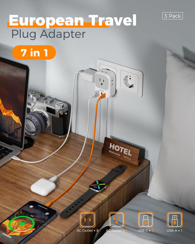 TESSAN EU adapter USB-C port close-up highlighting fast USB-C charging.