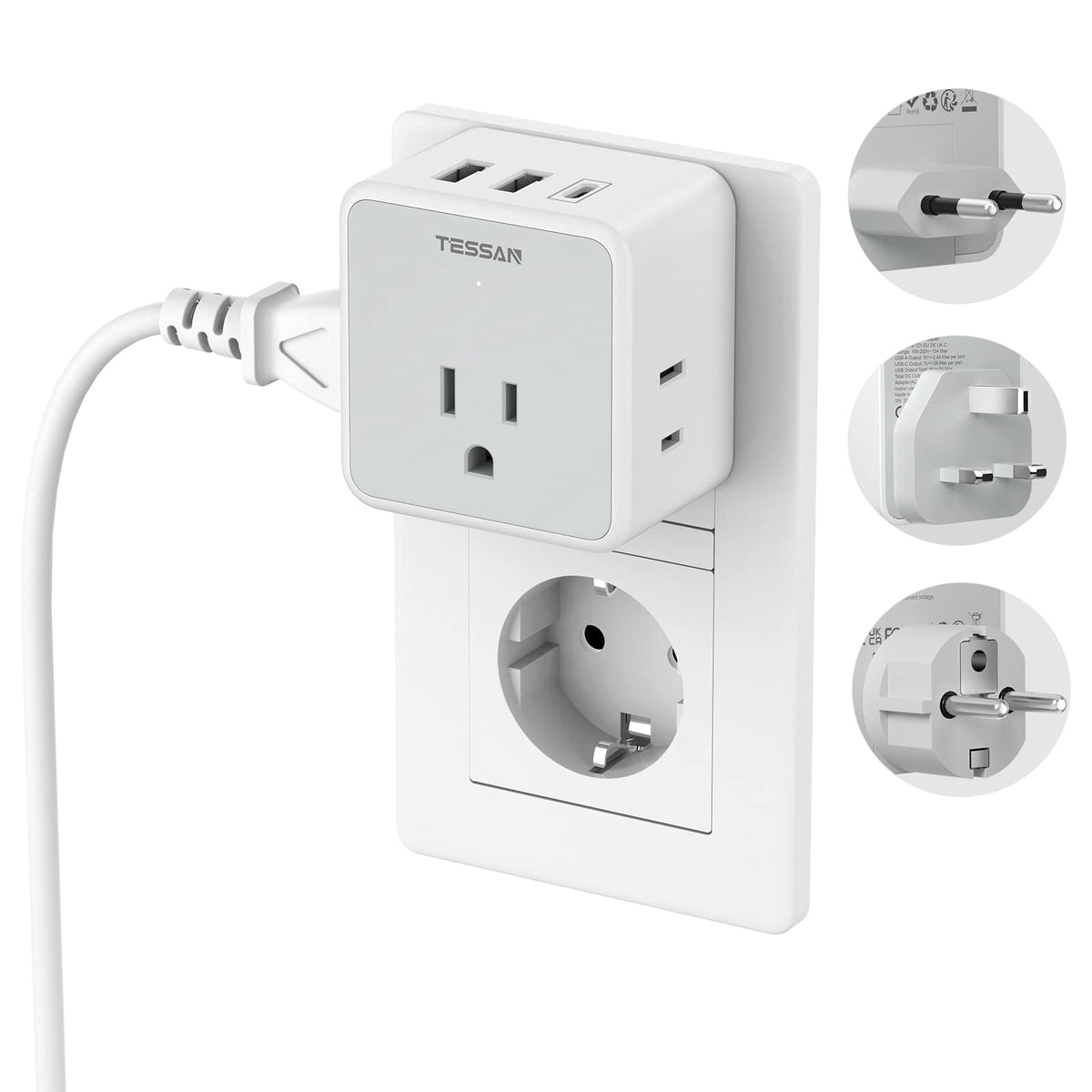 TESSAN Europe plug adapter with detachable plugs for multi-country travel.