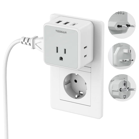 TESSAN Europe plug adapter with detachable plugs for multi-country travel.