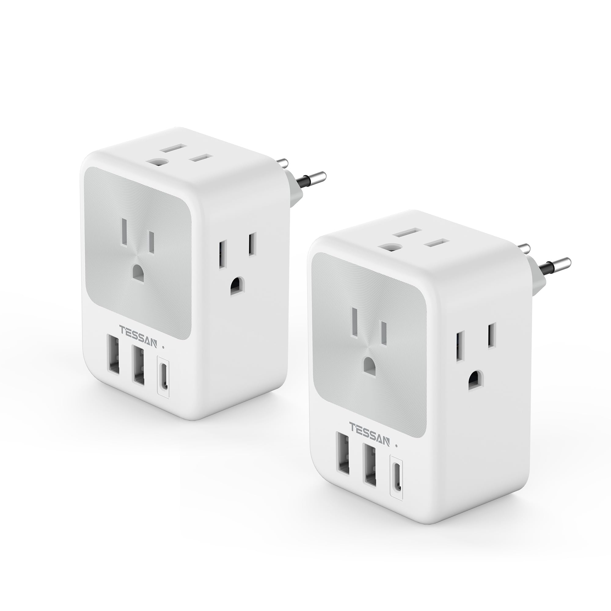 TESSAN Europe travel adapter with four outlets and three USB ports for versatile charging.