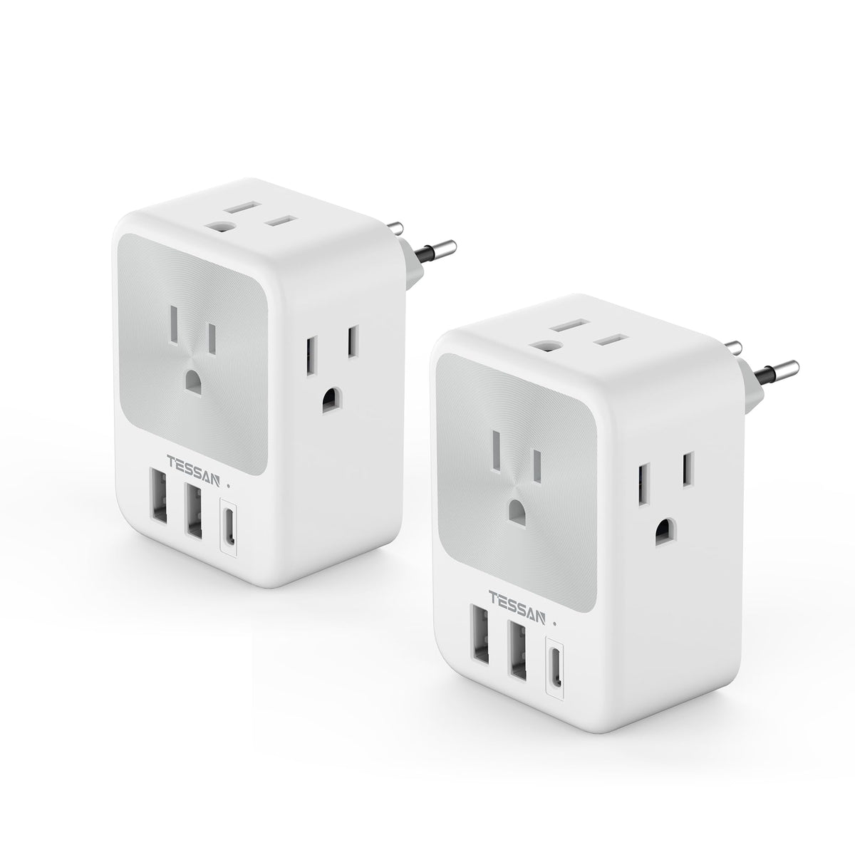 TESSAN Europe travel adapter with four outlets and three USB ports for versatile charging.