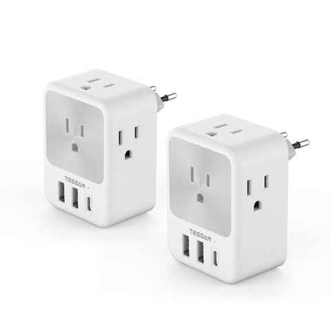 TESSAN Europe travel adapter with four outlets and three USB ports for versatile charging.