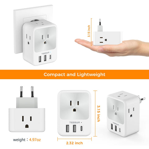 TESSAN adapter supports popular European sockets in Germany, France, Spain, Italy, and more.