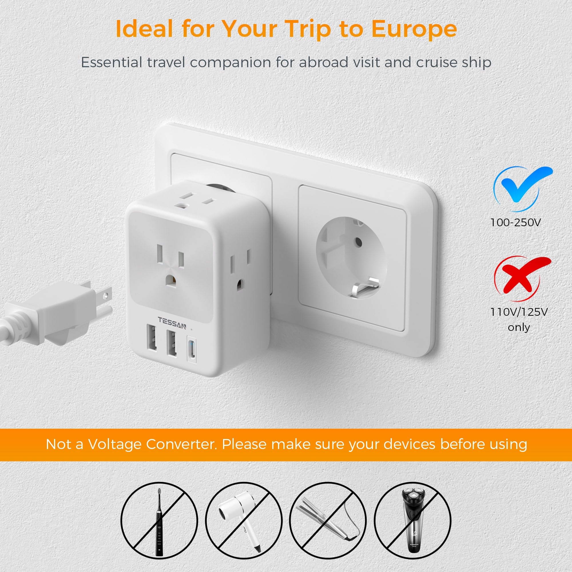 Ultra-portable travel essential with 100–250V compatibility for wide voltage devices.