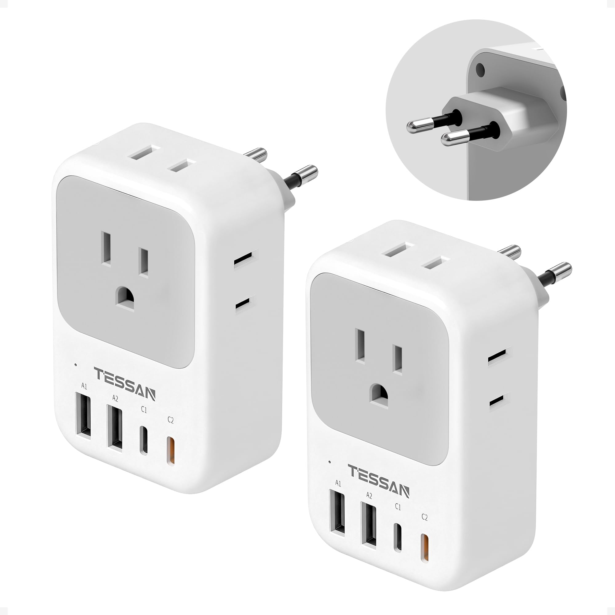 TESSAN European travel adapter with four AC outlets for simultaneous charging on the go.