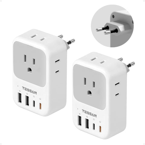 TESSAN European travel adapter with four AC outlets for simultaneous charging on the go.