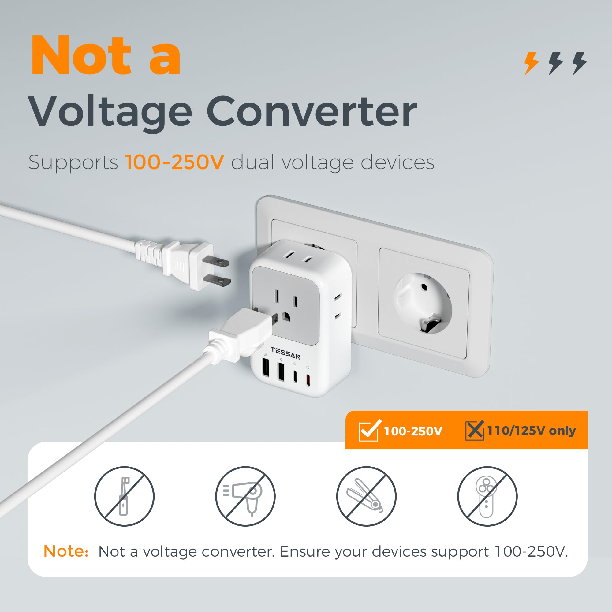 Not a voltage converter; verify dual-voltage compatibility before using high-wattage tools.