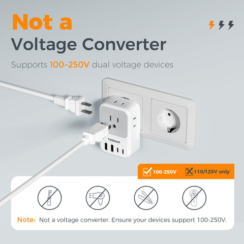 Not a voltage converter; verify dual-voltage compatibility before using high-wattage tools.