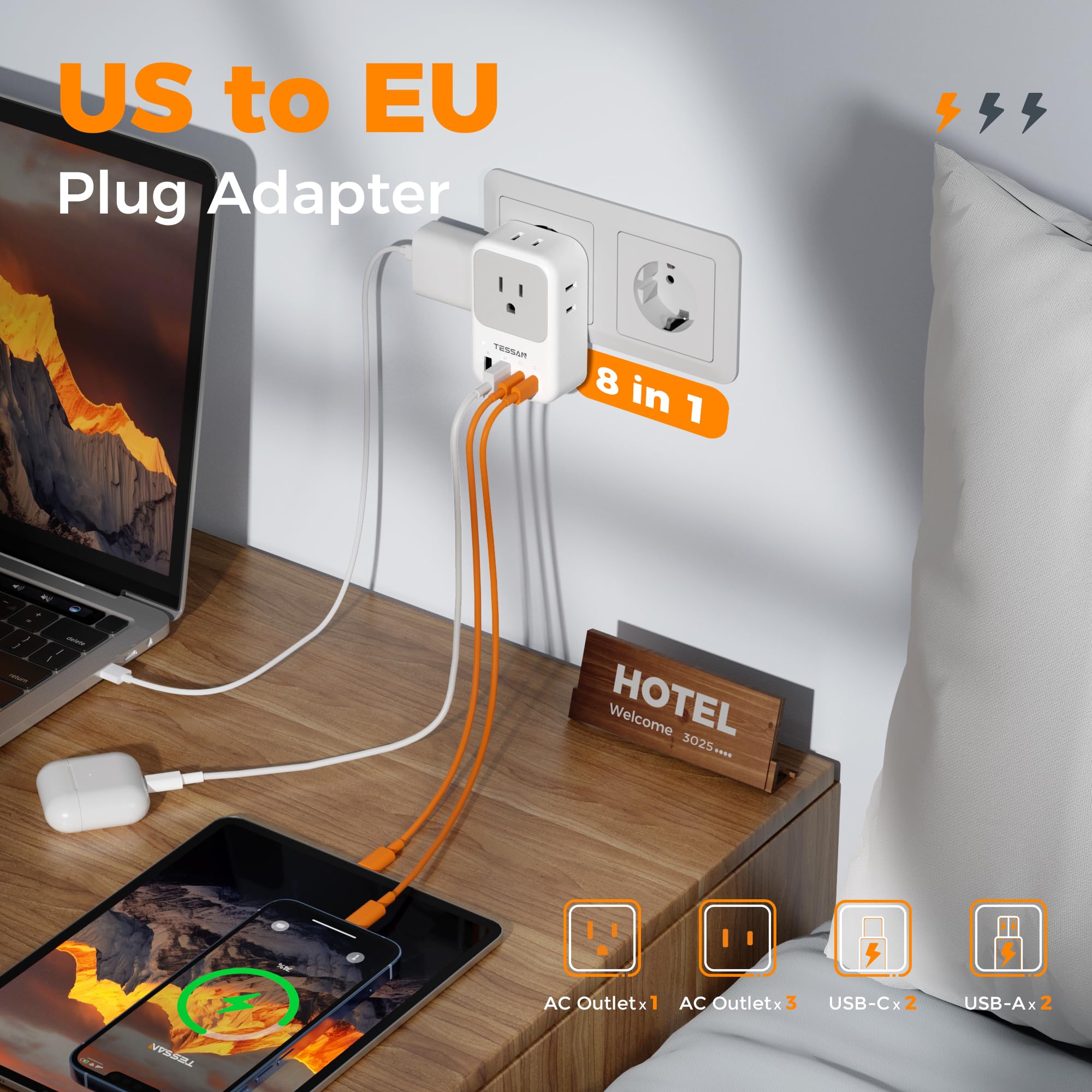 TESSAN USB-C dual ports provide PD 20W and 15W for fast device charging in Europe.