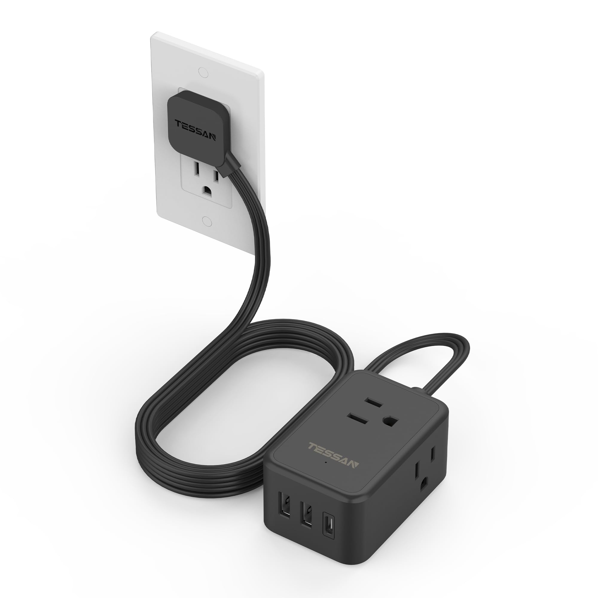 TESSAN flat black extension cord with 5 ft reach for a clean desk setup