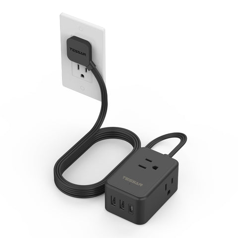 TESSAN flat black extension cord with 5 ft reach for a clean desk setup