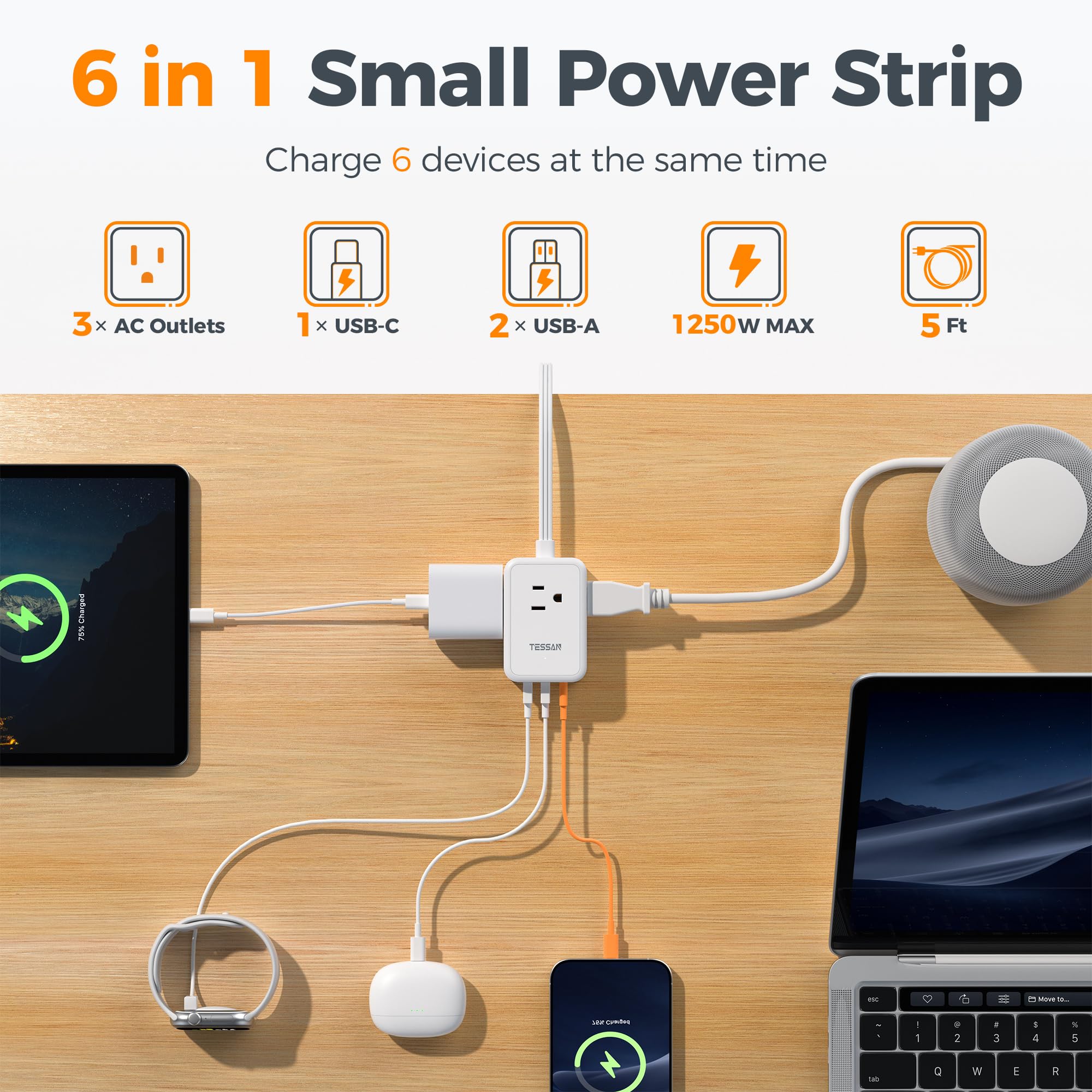 TESSAN flat plug at a 45-degree angle designed for tight spaces behind furniture