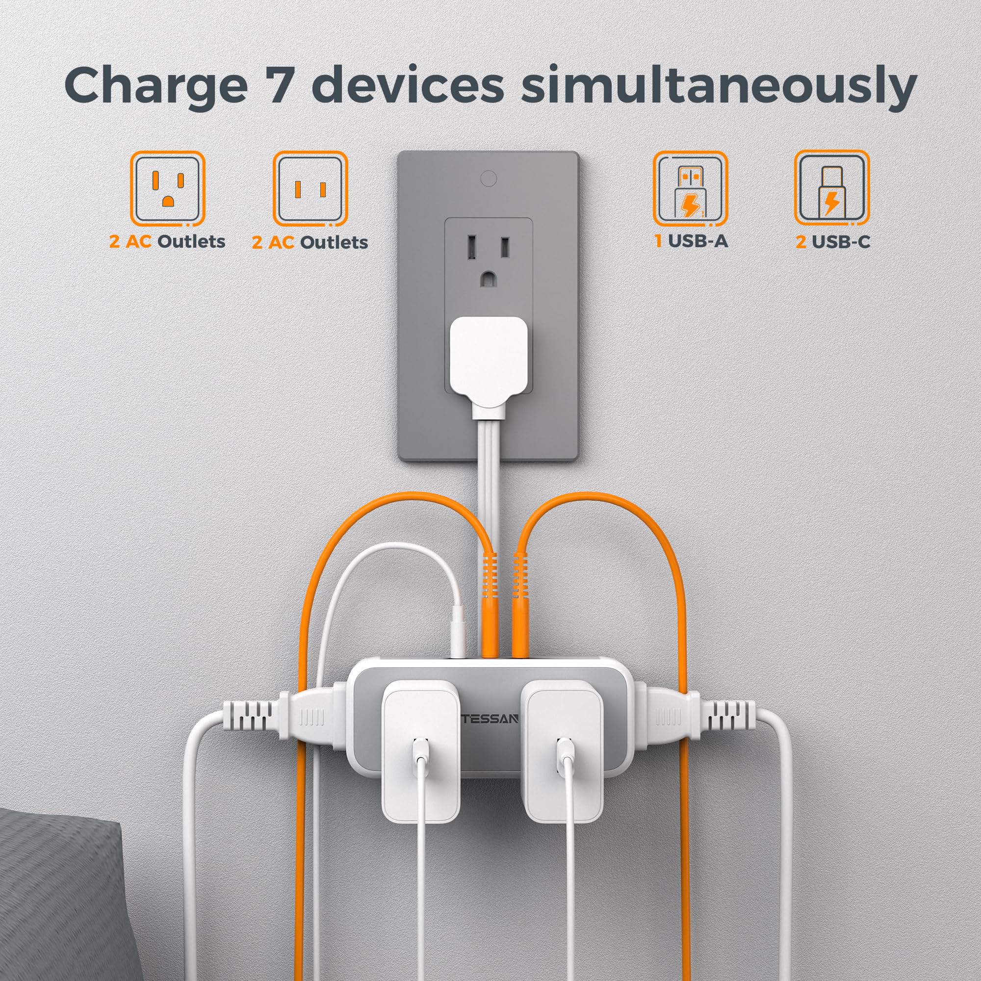 TESSAN flat-plug power strip on a desk saves space and reduces cable clutter.