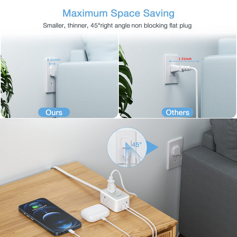TESSAN flat wall plug with USB-C and three outlets enables tidy bedside charging.