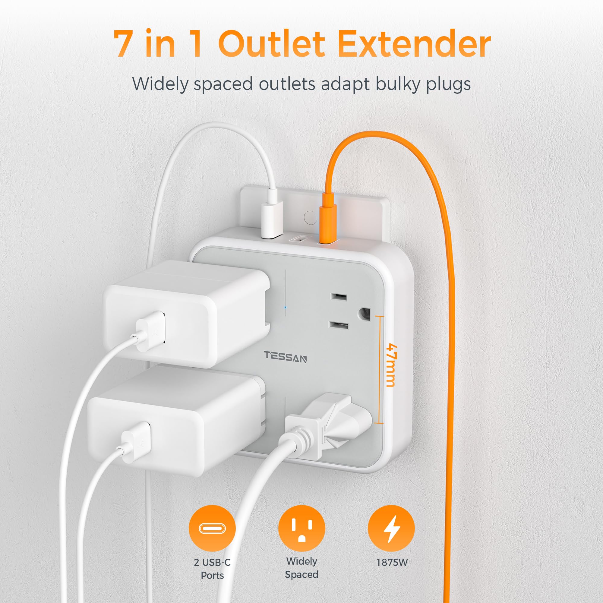 TESSAN four-outlet splitter with USB ports keeps devices organized on desks.