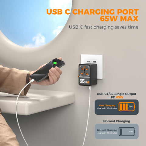 TESSAN GaN 65W USB-C port side view enabling fast on-the-go charging.