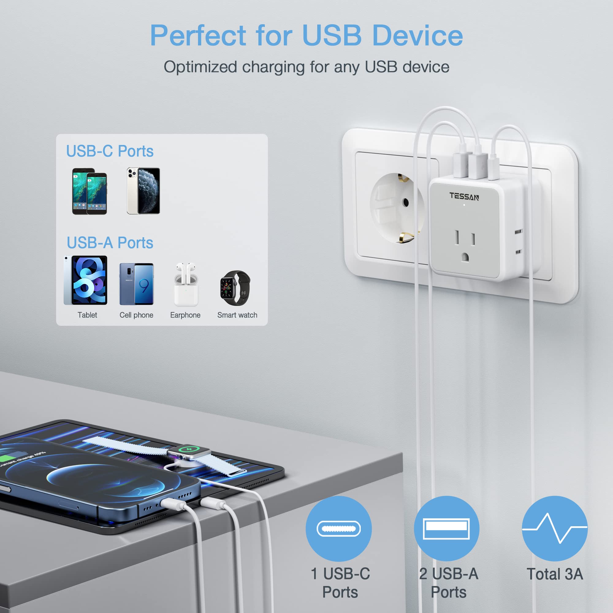 TESSAN adapter ideal for hotel or dorm room charging setups.