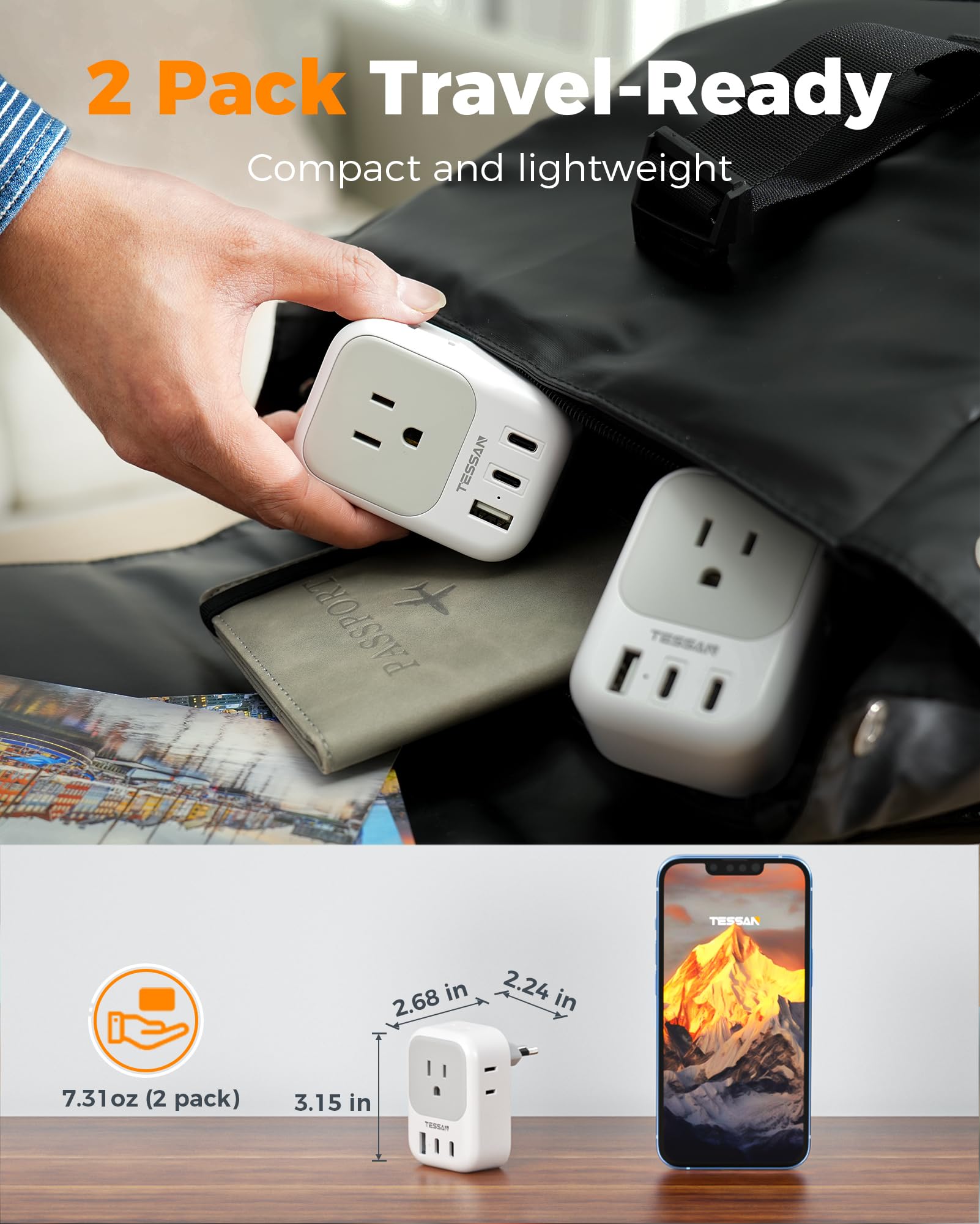 TESSAN Italy travel plug adapter two-pack, highlighting shared charging power.