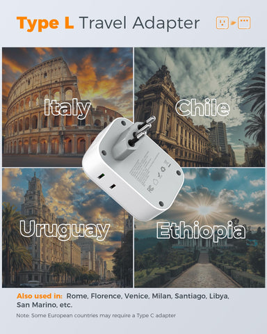 TESSAN Italy plug adapter with USB-C ports for versatile charging.