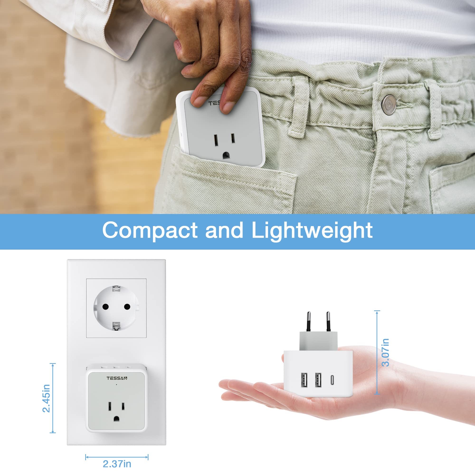 Lightweight, backpack-friendly TESSAN travel adapter for travelers.