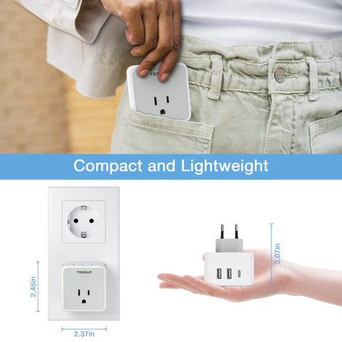 Lightweight, backpack-friendly TESSAN travel adapter for travelers.