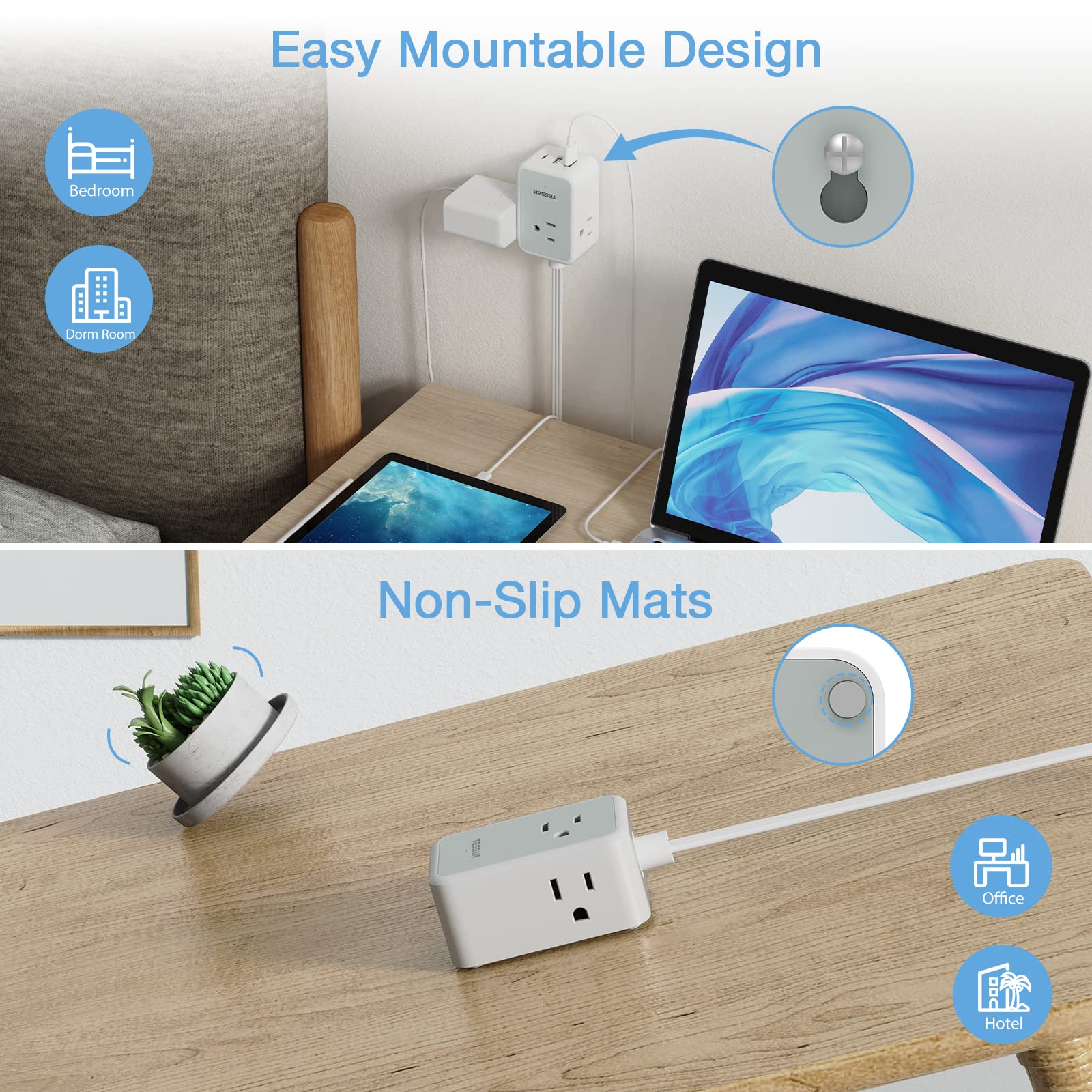 TESSAN low-profile extension with non-slip bottom stays secure on desks.