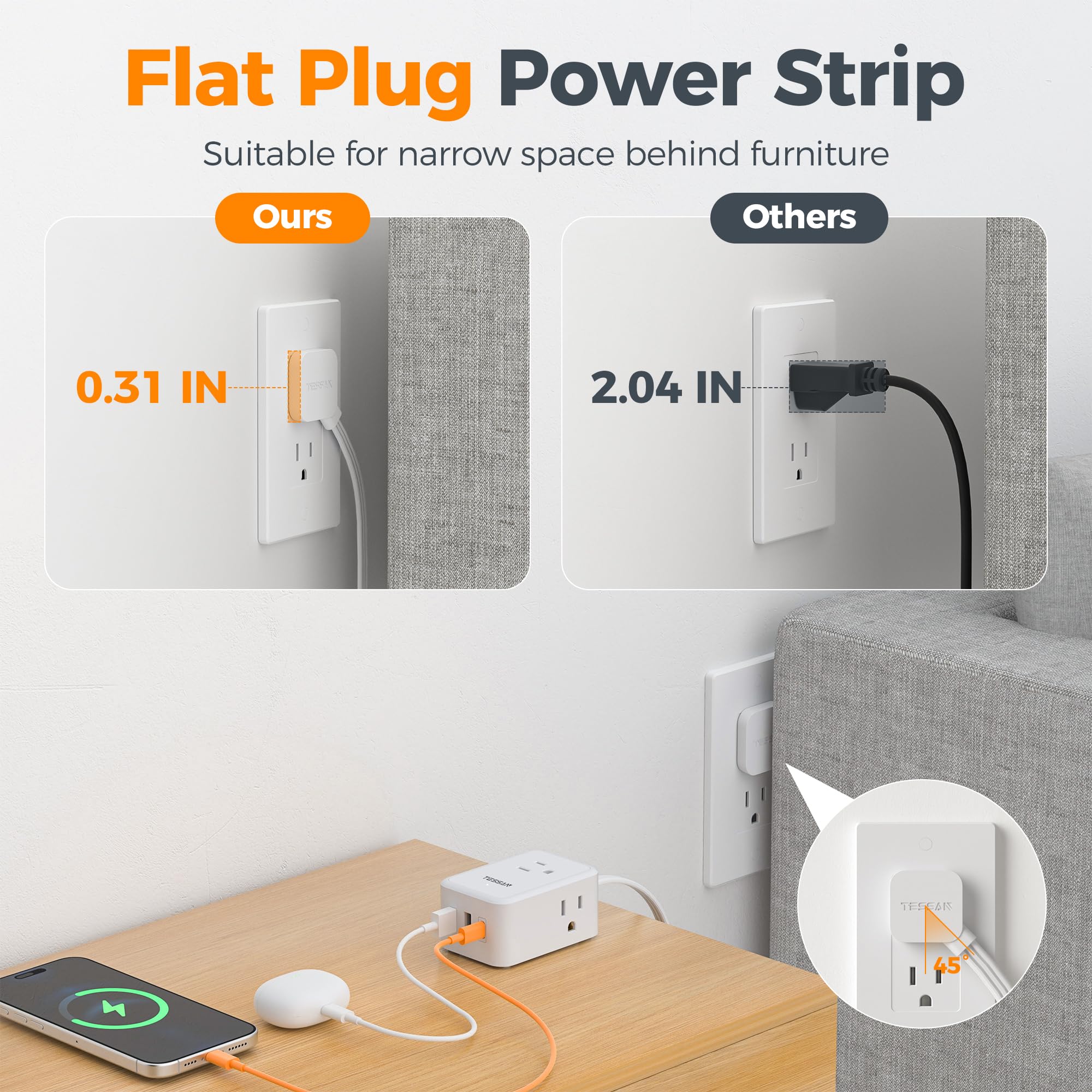 TESSAN mountable power strip secured on a wall or desk edge