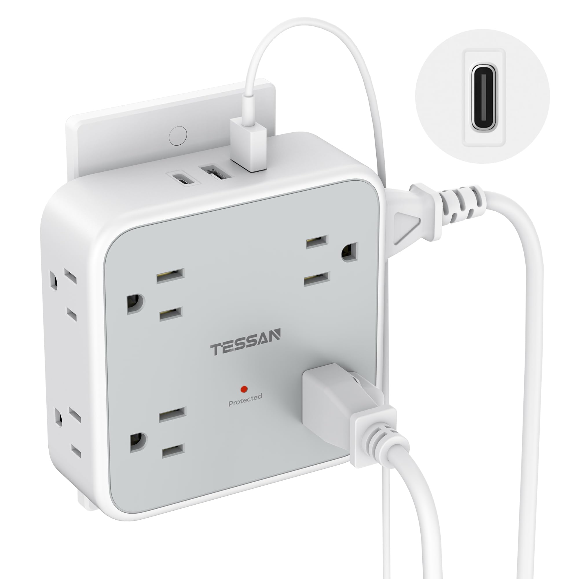 TESSAN multi-plug outlet with 8 sockets and USB-C, ideal for charging multiple devices.