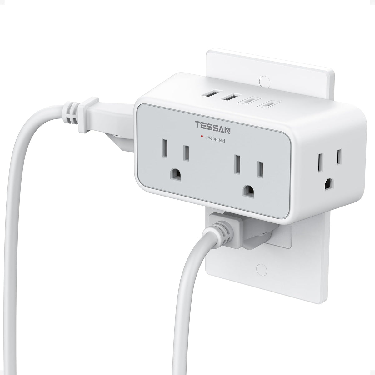 TESSAN multi-plug outlet front view with four outlets and USB ports for efficient charging
