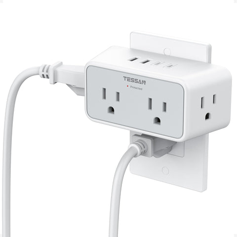 TESSAN multi-plug outlet front view with four outlets and USB ports for efficient charging