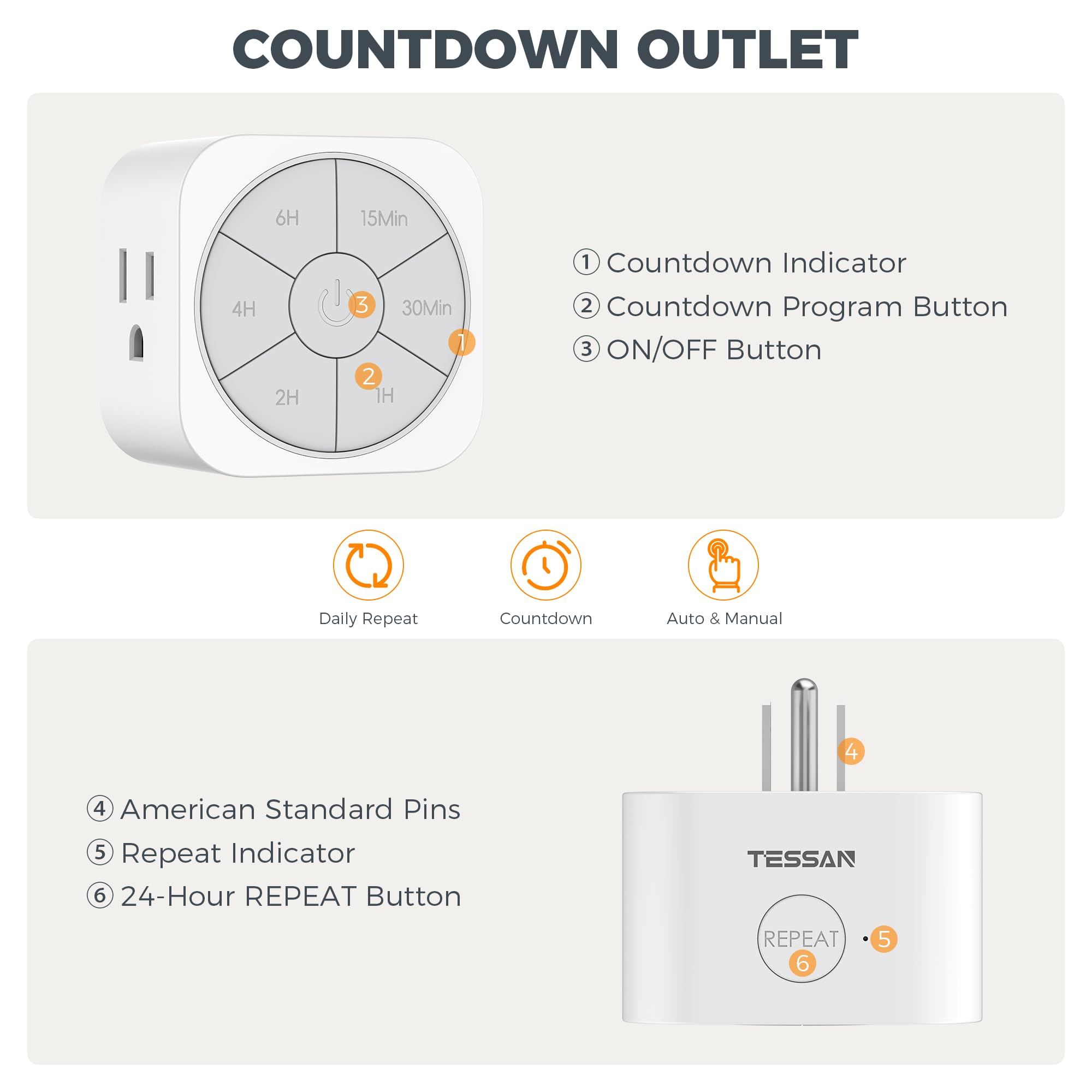 TESSAN outlet timer with six countdown buttons for easy daily automation