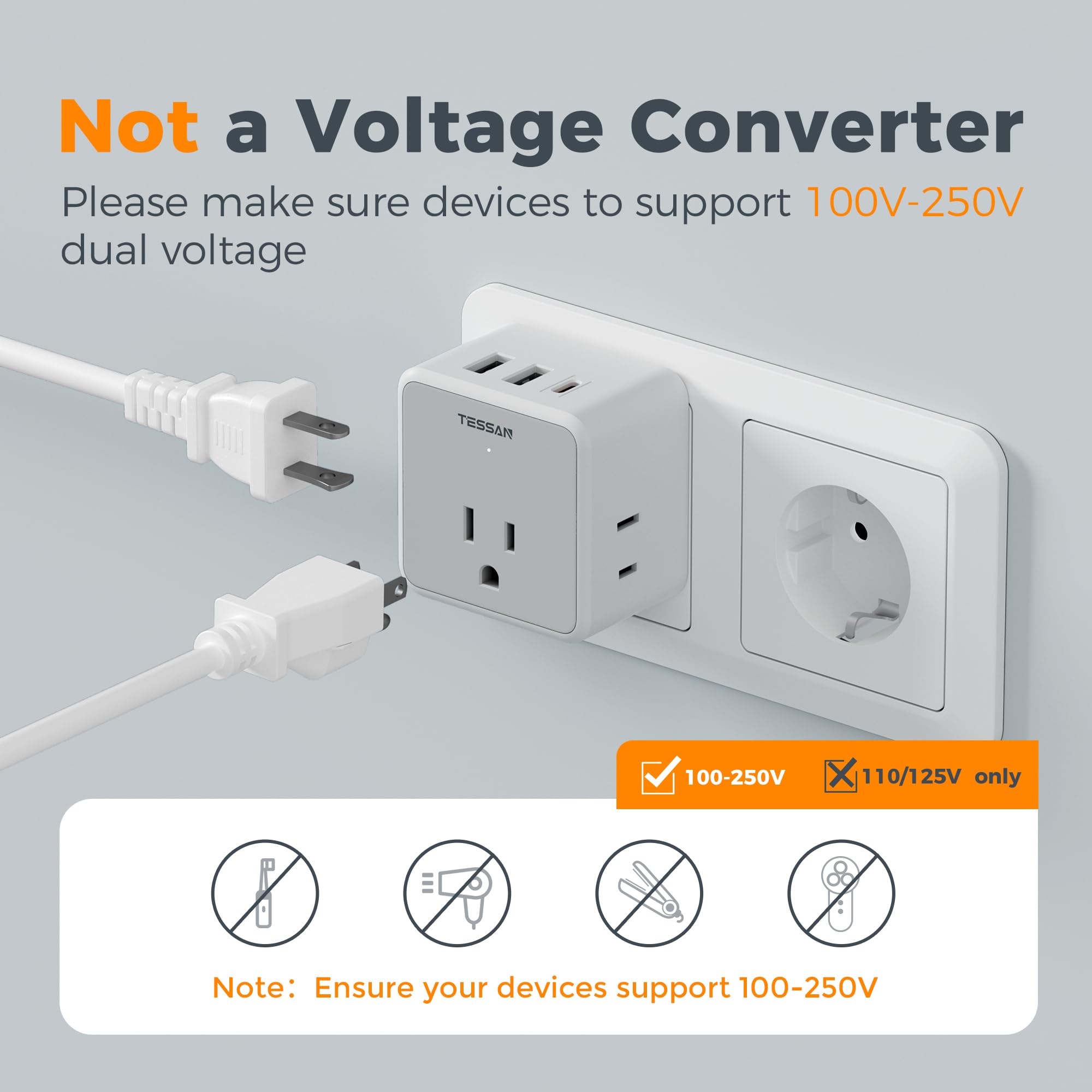 TESSAN note about 100–240V devices and voltage considerations