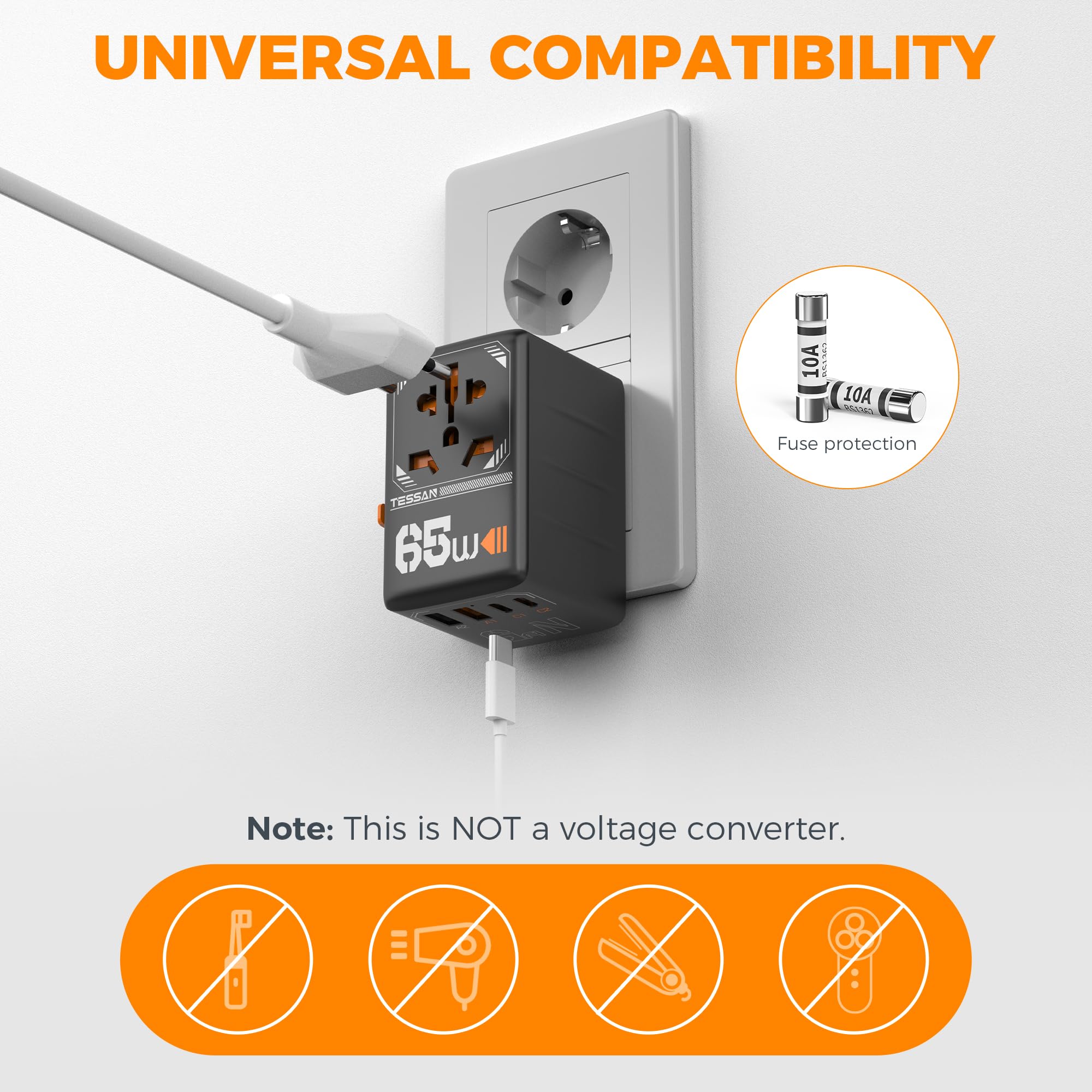 TESSAN safety features with double fuse and temperature sensor for safer charging.