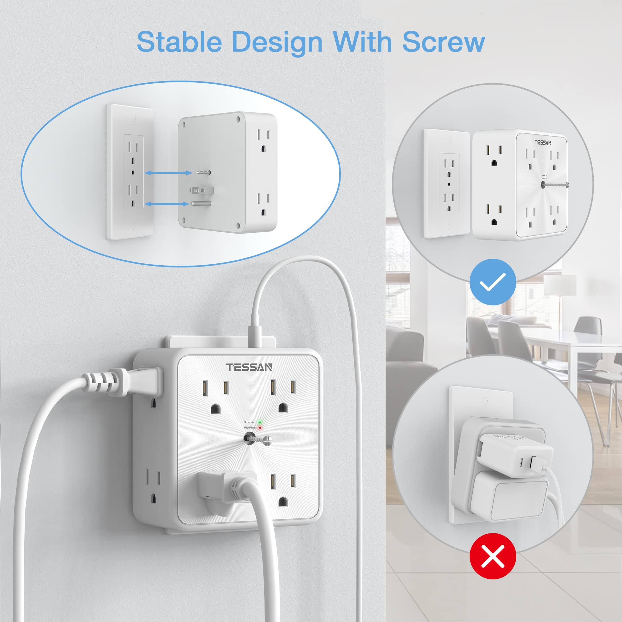 TESSAN secure mounting helps prevent unplugging in dorms or kitchens