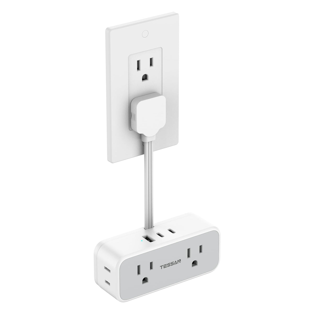 TESSAN short extension cord with 6-inch flat plug powers four outlets and USB fast charging.