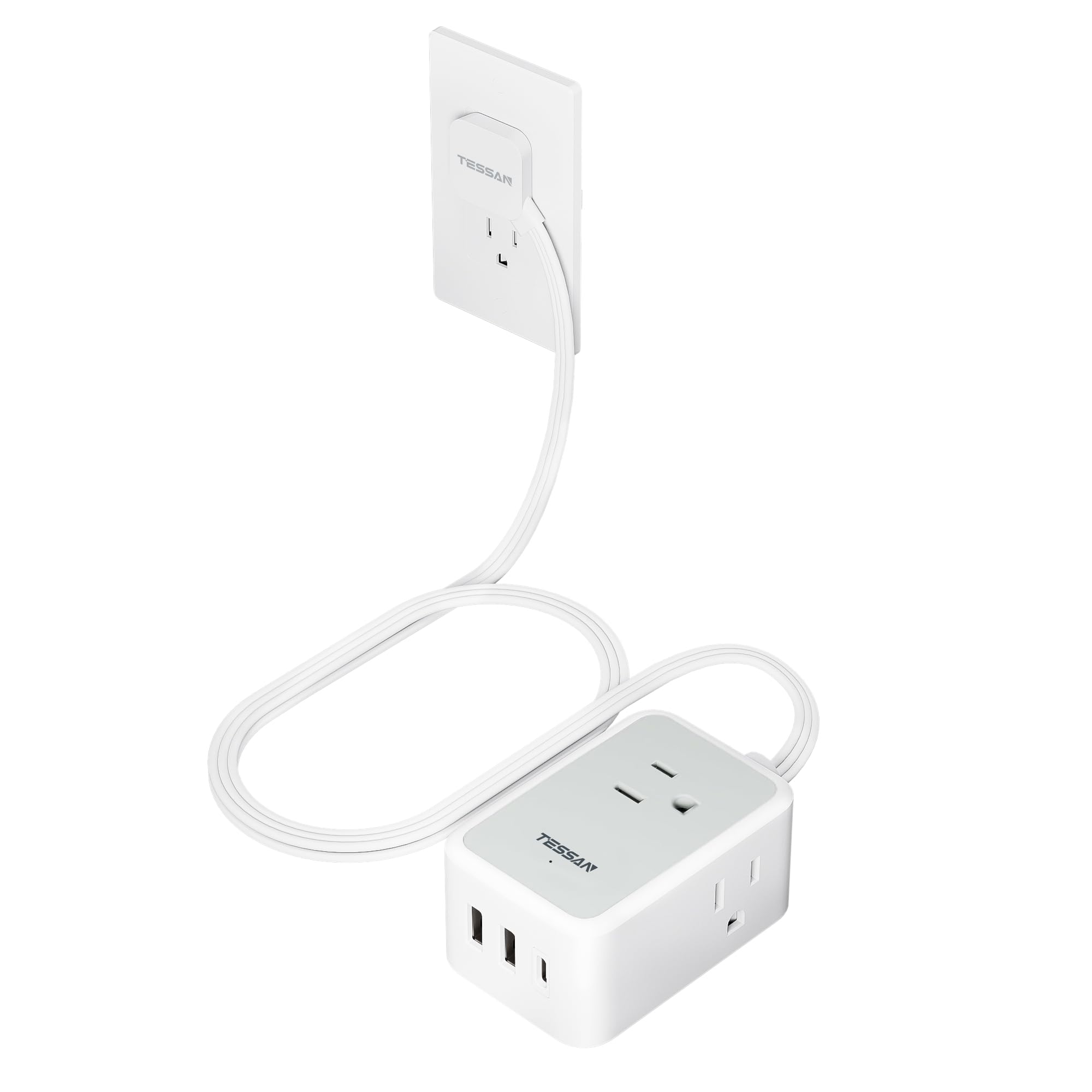 TESSAN 6-in-1 short flat extension cord with USB ports for tidy charging.
