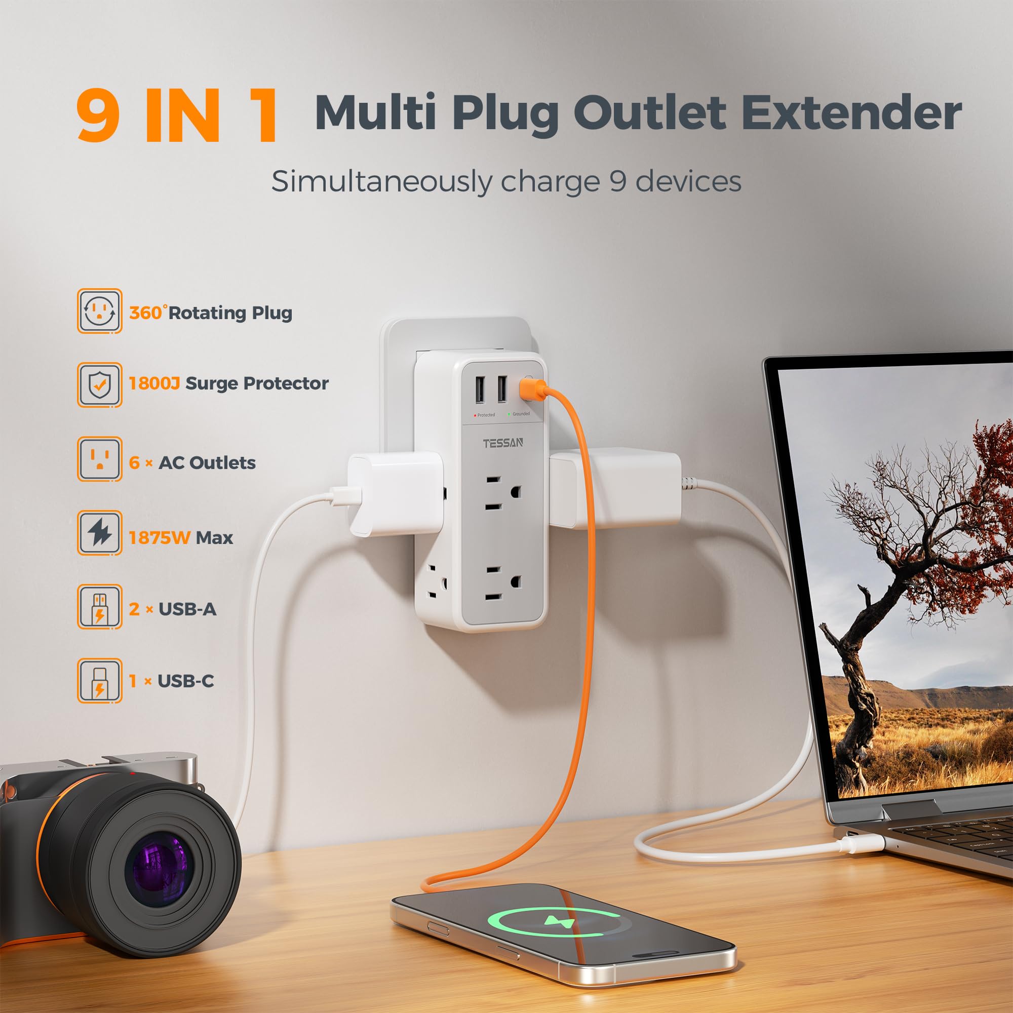 TESSAN six-ac-outlets with three-sided spacing fit large adapters neatly.