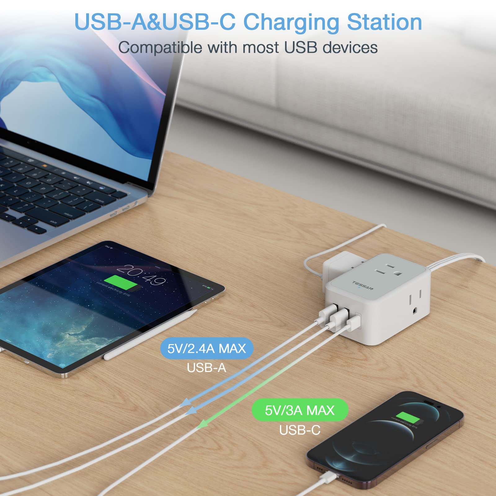 TESSAN slim extension cord ideal for dorms and travel setups.
