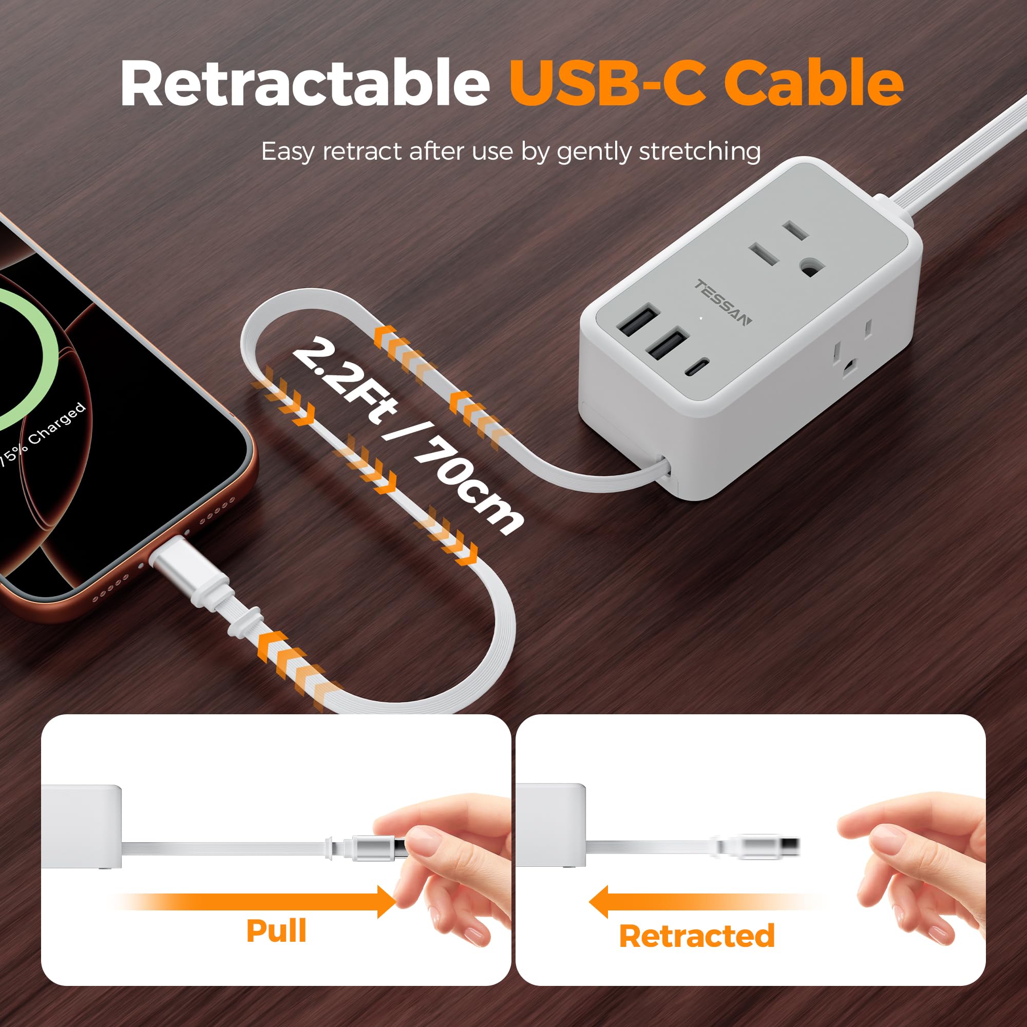 TESSAN flat power strip with retractable USB-C cable for clutter-free charging