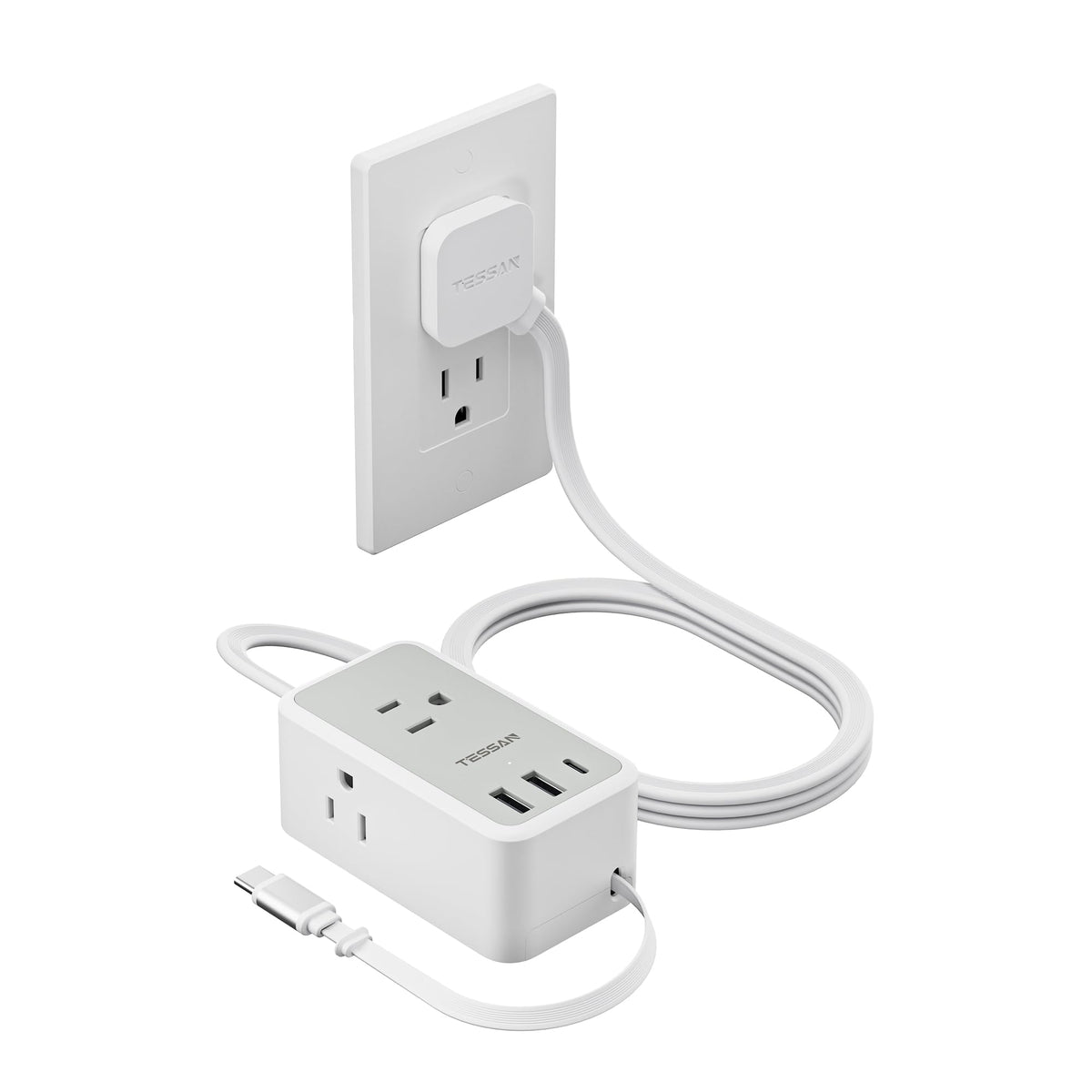 TESSAN small flat-plug power strip front view for a tidy desk setup