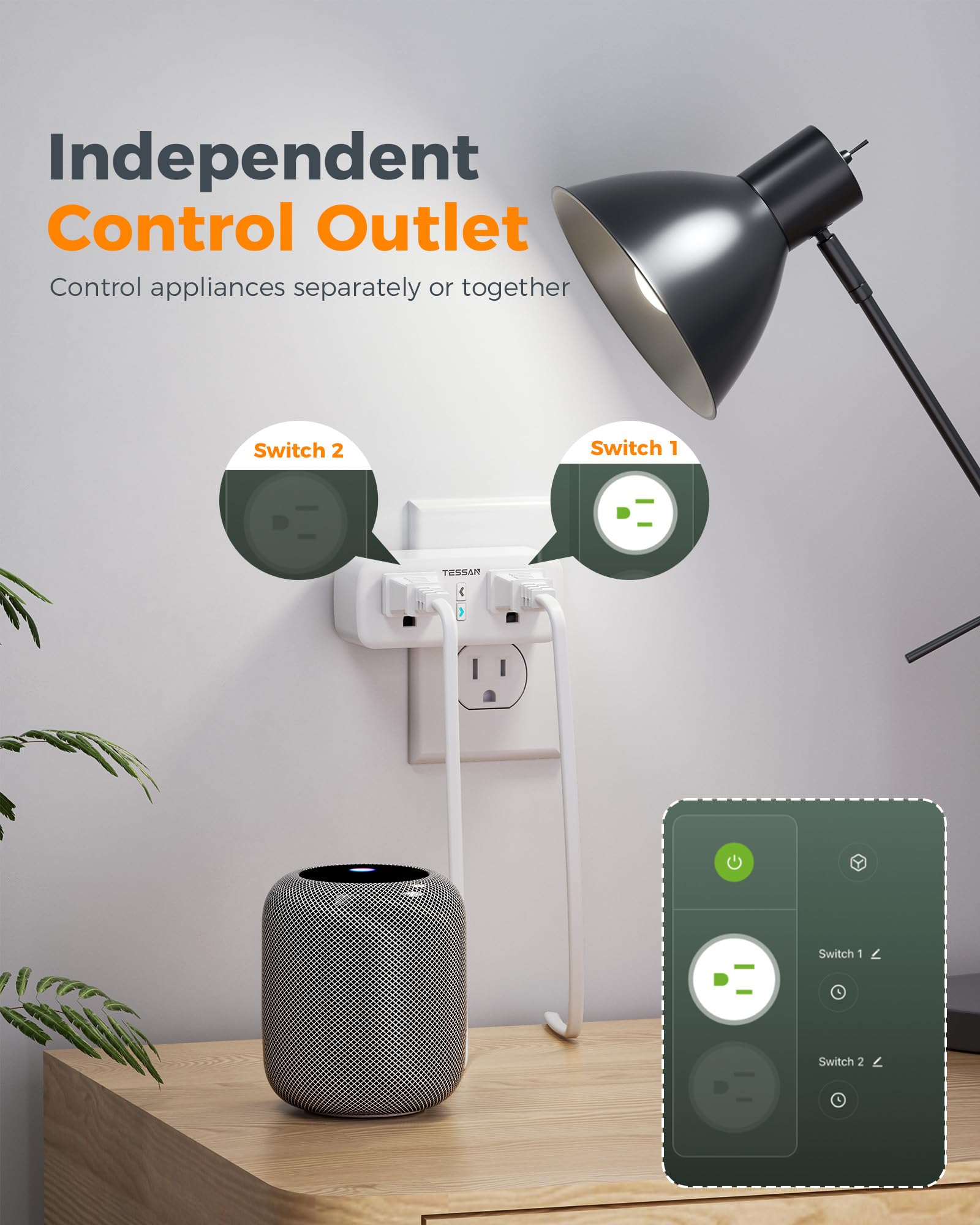 Two independent outlets on a TESSAN smart plug for separate devices