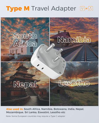 TESSAN South Africa adapter highlighting USB-C ports for fast travel charging.
