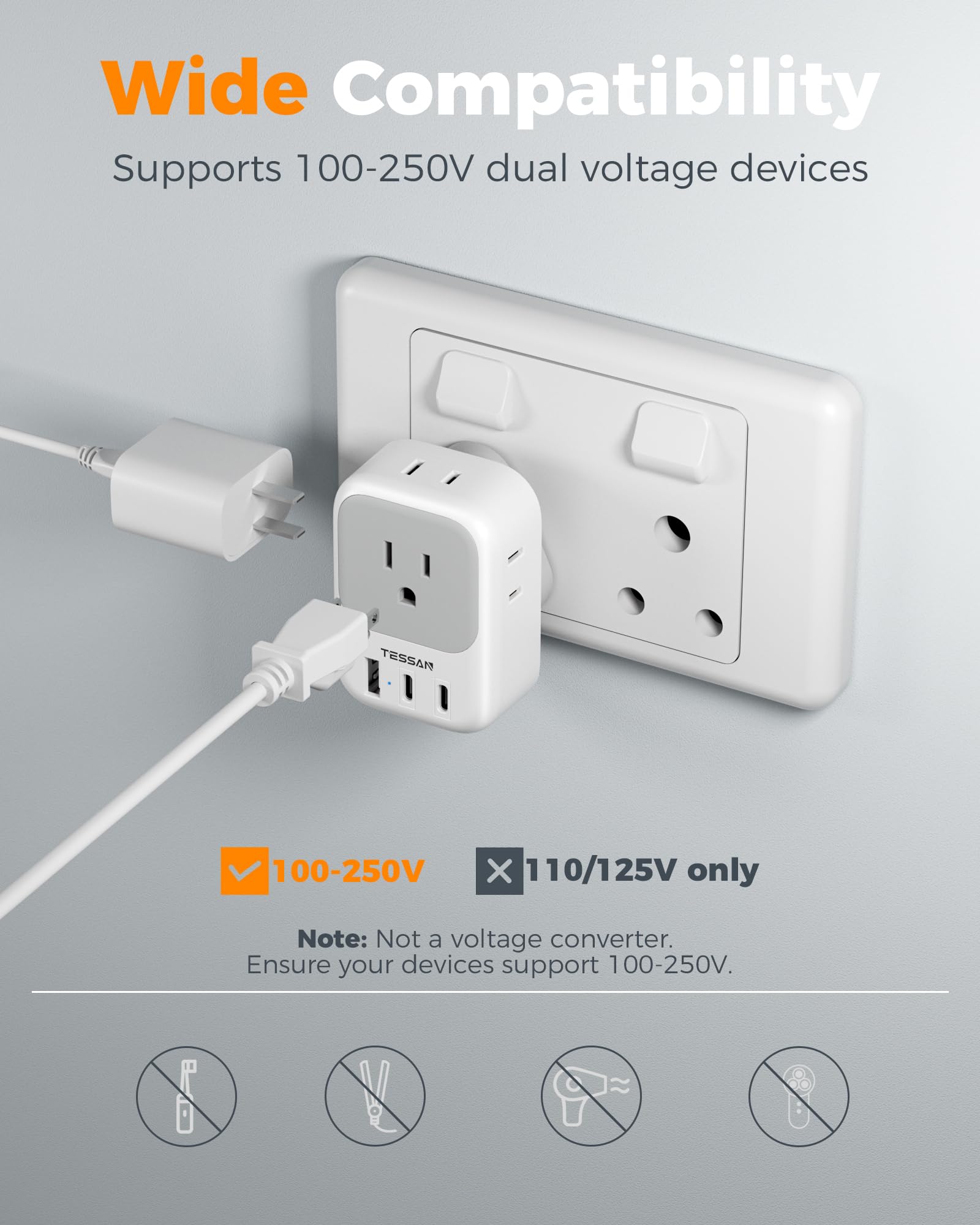 TESSAN cruise-friendly adapter without surge protection.