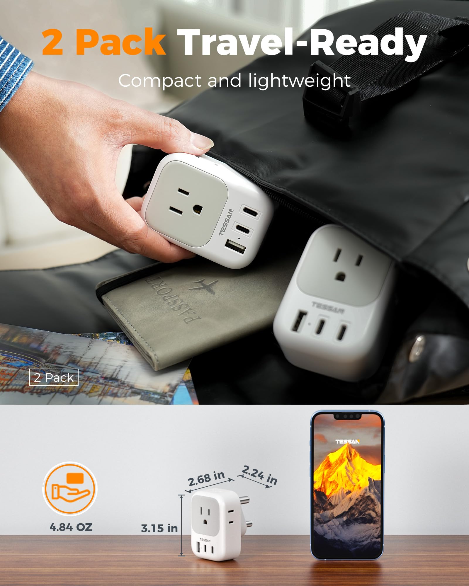 TESSAN Type M plug for multi-country use on trips.