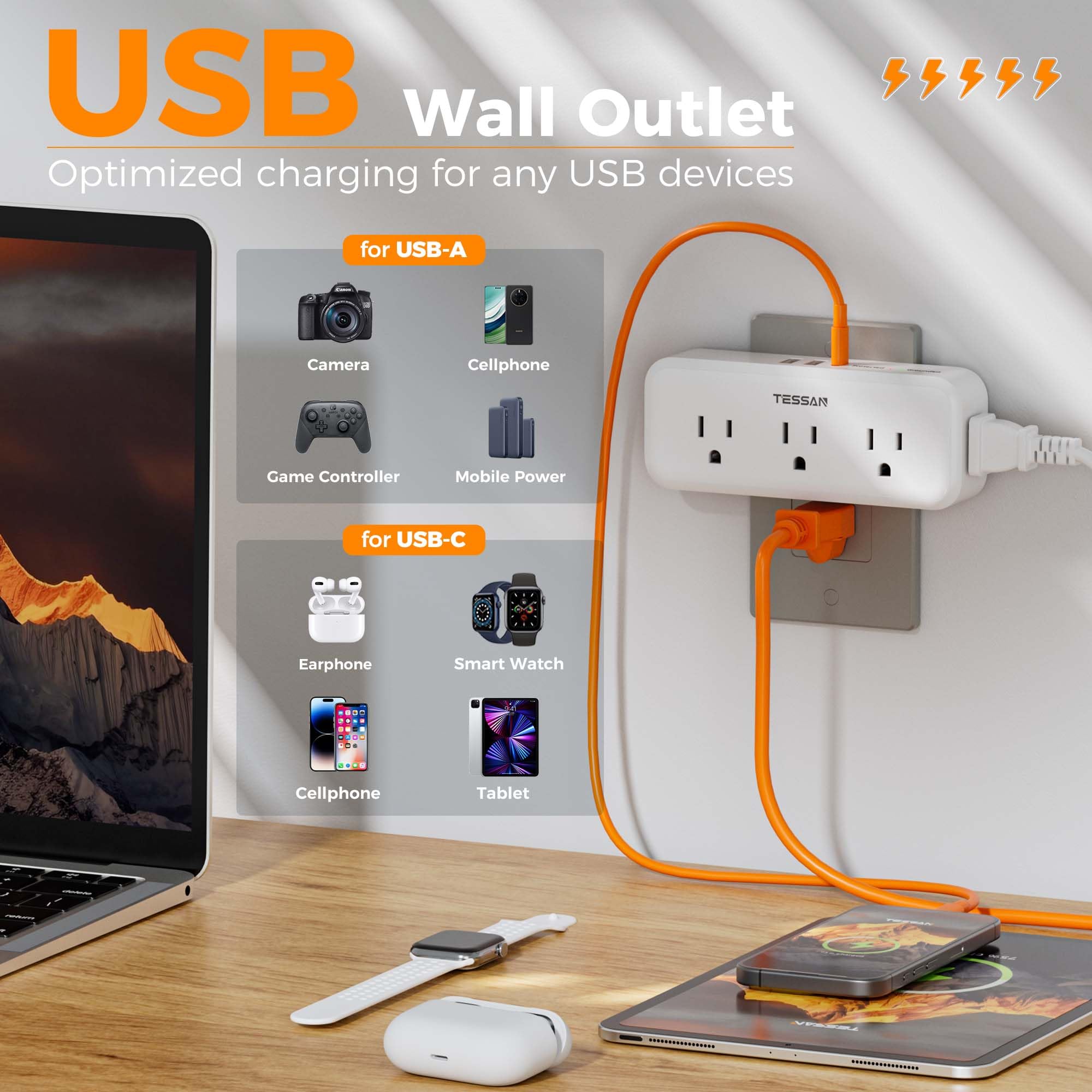 TESSAN space-saving 3-sided design fits behind furniture and outlets